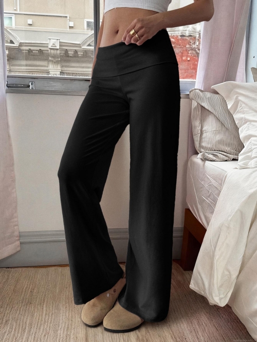 Women's Straight Wide Leg Pants Viscose Elastane Blend Fold-over Waist Casual Holiday Solid Color High Waist Lounge Trousers Comfortable Soft Autumn Winter Bottoms