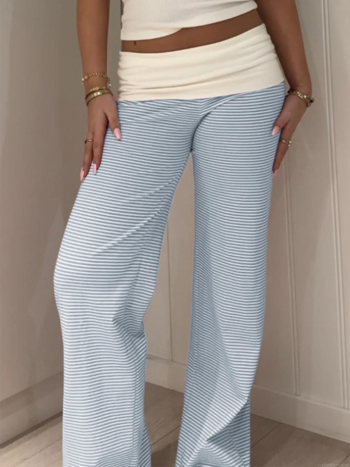 Vertical Striped Wide Leg Pants Polyester Spandex Fold-Over High Waist Straight Trousers Comfortable Casual Vacation Lounge Trousers For Women