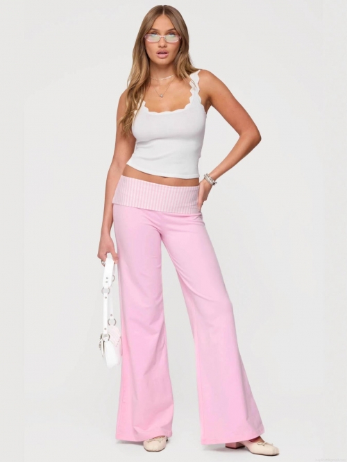 Women's Casual Wide Leg Pants Polyester Spandex Blend Low Waist Foldover Waistband Stripe Polka Dot Detail Daily Streetwear Lounge Trousers American Style Y2K Aesthetic