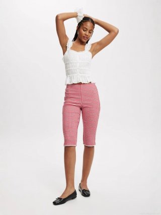 Women's Plaid Checkered Capri Pants Lace Trim Mid Waist Stretch Skinny Pencil Trousers Casual Slim Fit Summer Bottoms