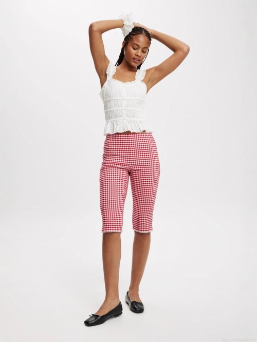 Women's Plaid Checkered Capri Pants Lace Trim Mid Waist Stretch Skinny Pencil Trousers Casual Slim Fit Summer Bottoms