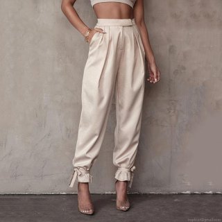 Women's Sexy High Waist Satin Tapered Pants Solid Color Tie-up Ankle Harem Trousers Loose Fit Pleated Front Streetwear Long Pants