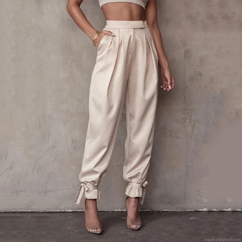 Women's Sexy High Waist Satin Tapered Pants Solid Color Tie-up Ankle Harem Trousers Loose Fit Pleated Front Streetwear Long Pants