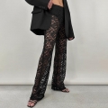 Women Sexy Floral Lace See-Through High Waist Straight Leg Pants Elegant Hollow Out Mesh Long Trousers For Summer Party Clubwear Streetwear