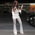 Sexy Women's Floral Lace Flared Pants High Waist See-through Mesh Bell Bottom Trousers With Mini Skirt Patchwork Polyester Leggings For Party Club Night