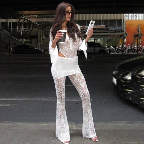 Sexy Women's Floral Lace Flared Pants High Waist See-through Mesh Bell Bottom Trousers With Mini Skirt Patchwork Polyester Leggings For Party Club Night