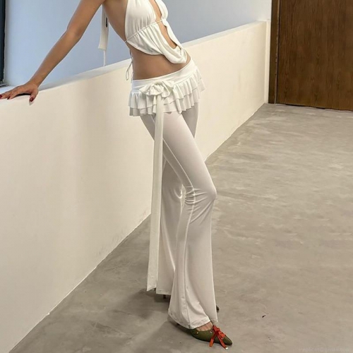Women's Sexy Ruffle Flare Pants Bandage Bell Bottom Trousers Milk Silk Slim Fit Long Leggings Streetwear Party Clubwear Solid Color