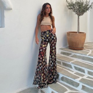 Women Sexy Mesh Flare Pants See-Through Leopard Polka Dot High Waisted Long Trousers Clubwear Summer Sheer Mesh Print Fashion Trousers