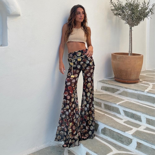 Women Sexy Mesh Flare Pants See-Through Leopard Polka Dot High Waisted Long Trousers Clubwear Summer Sheer Mesh Print Fashion Trousers