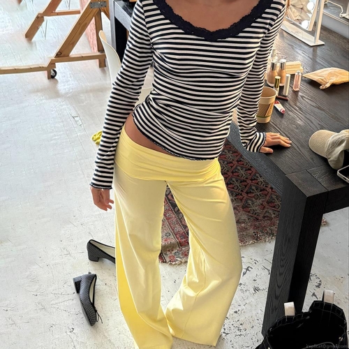 Women Striped Wide Leg Pants Milk Silk Polyester Loose Casual High Waist Trousers Daily Home Loungewear Streetwear Fashion Female Bottoms