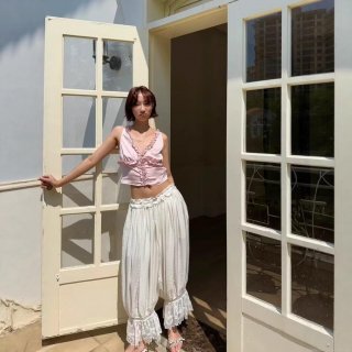 Women's Sweet Vacation White Lace Trim Lantern Pants High Waist Drawstring Loose Bloomers Pumpkin Trousers Soft Rayon Nylon Blend Casual Summer Fashion