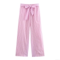Women's Striped Straight Leg Pants With Belt Sweet Pink White Polyester Casual High Waist Bow Tie Trousers For Ladies Summer Vacation Wear