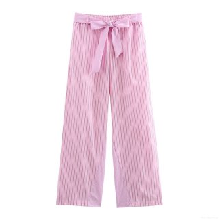 Women's Striped Straight Leg Pants With Belt Sweet Pink White Polyester Casual High Waist Bow Tie Trousers For Ladies Summer Vacation Wear