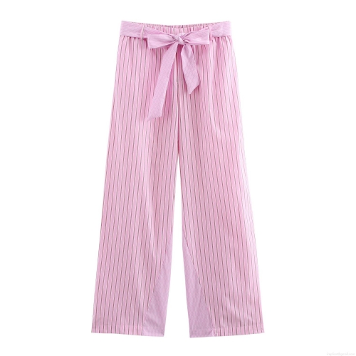 Women's Striped Straight Leg Pants With Belt Sweet Pink White Polyester Casual High Waist Bow Tie Trousers For Ladies Summer Vacation Wear