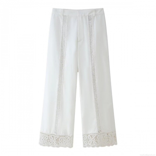 Women's Elegant Wide Leg Pants With Hollow Lace Splicing High Waist Straight Trousers Solid White Polyester Long Pants For Casual Dating Party Ladies Sweet Streetwear