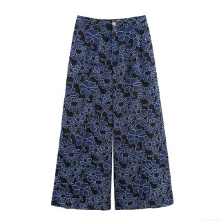 Women Vintage Elegant Hollow Out Embroidery Floral Straight Leg Pants Navy Blue Lace Denim Patchwork Frayed Edges Mid Waist Casual Trousers Spring Sexy Chic