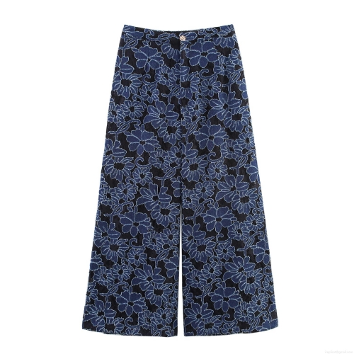 Women Vintage Elegant Hollow Out Embroidery Floral Straight Leg Pants Navy Blue Lace Denim Patchwork Frayed Edges Mid Waist Casual Trousers Spring Sexy Chic