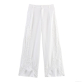 Women's Elegant White Lace Splicing Pearl Beaded Wide Leg Pants High Waist Straight Casual Trousers For Office Commute Socialite Style