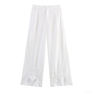Women's Elegant White Lace Splicing Pearl Beaded Wide Leg Pants High Waist Straight Casual Trousers For Office Commute Socialite Style