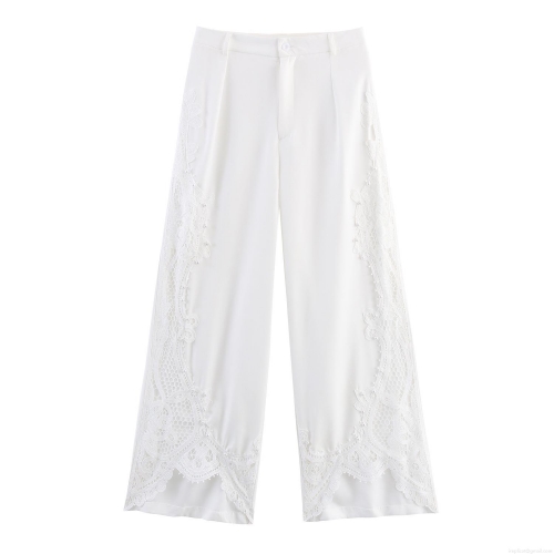 Women's Elegant White Lace Splicing Pearl Beaded Wide Leg Pants High Waist Straight Casual Trousers For Office Commute Socialite Style