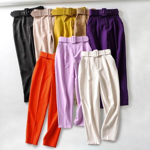 Women's High Waist Ankle Length Casual Trousers with Belt 100% Polyester Slim Fit Straight Leg Pants for Office Commute Streetwear Fashion Solid Color Women Bottoms