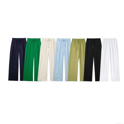 Women's High Waisted Wide Leg Pants Casual Straight Floor Length Trousers with Drawstring Elastic Waistband and Pockets Solid Color Polyester Commuter Style Bottoms