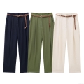 Women's High Waisted Wide Leg Casual Pants With Woven Belt Elegant Solid Street Style Polyester Long Trousers For Autumn Daily Wear