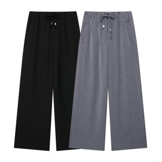 Women's Casual High Waist Wide Leg Trousers Solid Color Polyester Drawstring Elastic Waist Straight Pants For Summer Streetwear Daily Wear