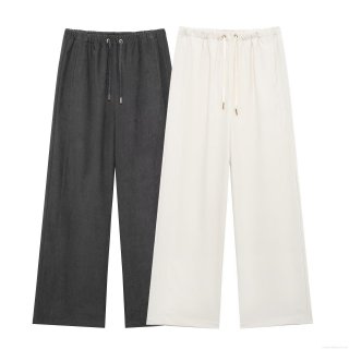 Women's Fashion Casual Wide Leg Pants 100% Polyester Solid Color Mid Waist Drawstring Long Trousers Streetwear Spring Loose Fit Bottoms