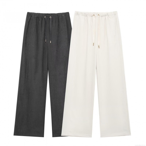 Women's Fashion Casual Wide Leg Pants 100% Polyester Solid Color Mid Waist Drawstring Long Trousers Streetwear Spring Loose Fit Bottoms