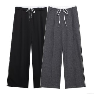 Women's Fashion Double Waist Wide Leg Pants Contrast Side Stripe Drawstring Trousers High Waisted Polyester Casual Streetwear Long Pants for Ladies