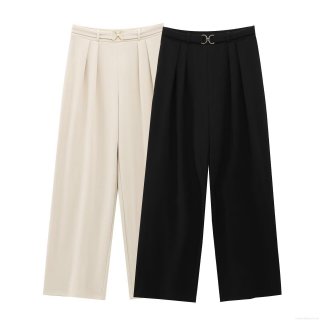 Women's High Waist Wide Leg Pants 2025 Summer Fashion Polyester Trousers With Metal Buckle Decoration Loose Straight Commuter Streetwear Casual Long Pants