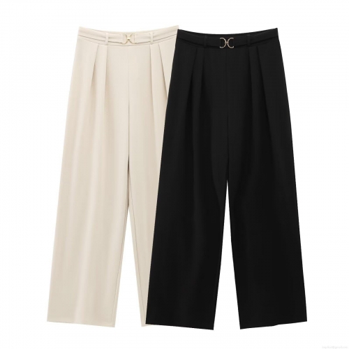 Women's High Waist Wide Leg Pants 2025 Summer Fashion Polyester Trousers With Metal Buckle Decoration Loose Straight Commuter Streetwear Casual Long Pants
