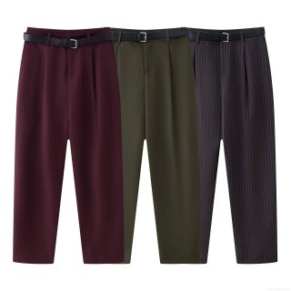 Women's High Waist Casual Wide Leg Pants With Belt Elegant Double Pleated Long Trousers Striped Solid Color Polyester Slacks For Office Streetwear