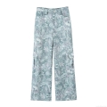 Women's Wide Leg Cargo Pants Low Waist Green Marble Printed Denim Trousers Loose Fit Multi-Pocket Casual Work Streetwear Long Pants