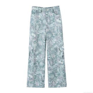 Women's Wide Leg Cargo Pants Low Waist Green Marble Printed Denim Trousers Loose Fit Multi-Pocket Casual Work Streetwear Long Pants