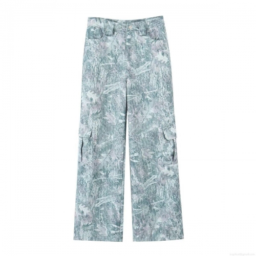 Women's Wide Leg Cargo Pants Low Waist Green Marble Printed Denim Trousers Loose Fit Multi-Pocket Casual Work Streetwear Long Pants