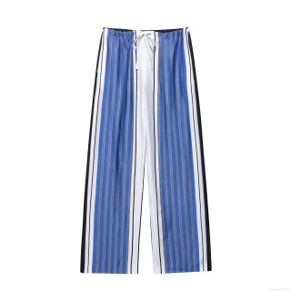 Women Striped Wide Leg Pants 100% Polyester Drawstring High Waist Loose Casual Long Trousers Summer Beach Streetwear For Lady Comfortable Breathable Vertical Stripes Pant