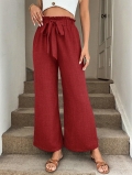 Women's High Waist Wide Leg Pants Polyester Blend Linen Texture Tie Front Elastic Waist Casual Loose Drape Trousers for Vacation Beach Summer Daily