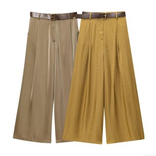 Women High Waist Wide Leg Pants With Belt Satin Texture Solid Color Loose Trousers Elegant Streetwear Summer Casual Bottoms For Ladies