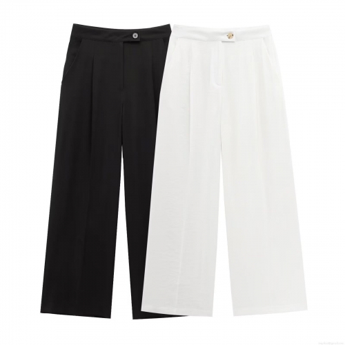 Women High Waist Wide Leg Pants Twill Drapey Trousers For Office Casual Summer Street Fashion Chinlon Polyester Tencel Linen Blend Solid Color Long Pants With Button Pockets