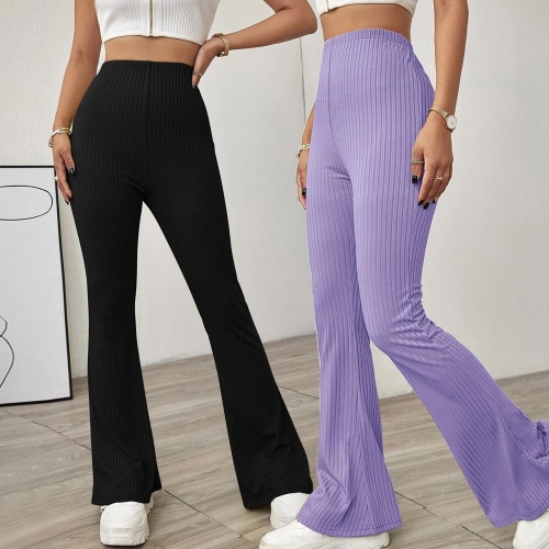 Women High Waisted Flare Pants Ribbed Knit Polyester Spandex Slimming Yoga Casual Bell Bottom Trousers Solid Color Stretchy Lounge Leggings