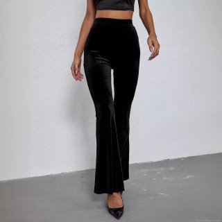 Women's High Waist Velvet Flare Pants Slim Fit Solid Black Bell Bottom Trousers Elegant Stretchy Velvet Long Pants For Commute Party Lady