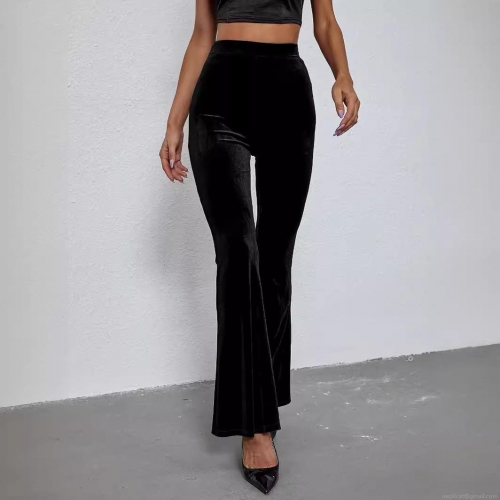 Women's High Waist Velvet Flare Pants Slim Fit Solid Black Bell Bottom Trousers Elegant Stretchy Velvet Long Pants For Commute Party Lady