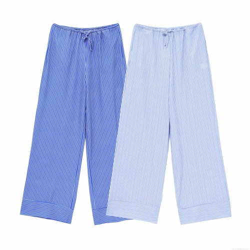 Women's Striped Wide Leg Pants Drawstring Mid Waist Polyester Trousers Casual Summer Streetwear Long Pants