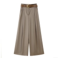 Women Wide Leg Casual Pants With Belt Satin Texture High Waist Pleated Straight Trousers For Office Daily Lady Streetwear Elegant Khaki Long Pants