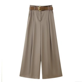 Women Wide Leg Casual Pants With Belt Satin Texture High Waist Pleated Straight Trousers For Office Daily Lady Streetwear Elegant Khaki Long Pants