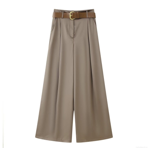 Women Wide Leg Casual Pants With Belt Satin Texture High Waist Pleated Straight Trousers For Office Daily Lady Streetwear Elegant Khaki Long Pants