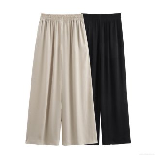 Women's High Waist Wide Leg Pants Elastic Waist Pleated Polyester Silky Drape Trousers Streetwear Casual Loose Long Pants for Women
