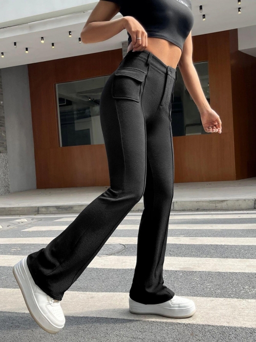 Women's High Waisted Textured Flare Pants With Pockets Elastic Slim Fit Bootcut Trousers Casual Streetwear Black Long Pants For Daily Wear